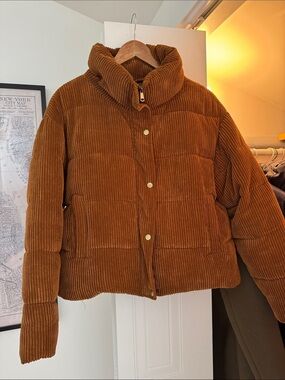 Corduroy Puffer Jacket in Warm Chestnut Brown
